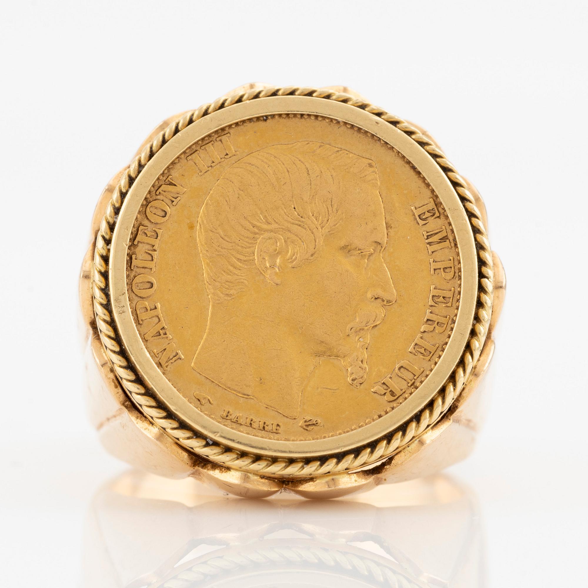 Ring in 18K gold with Napoleon III 20 francs coin, 1857.