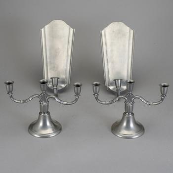 KANDELABRAR samt LAMPETTER, 1+1 par, tenn, GAB, 1930-tal.