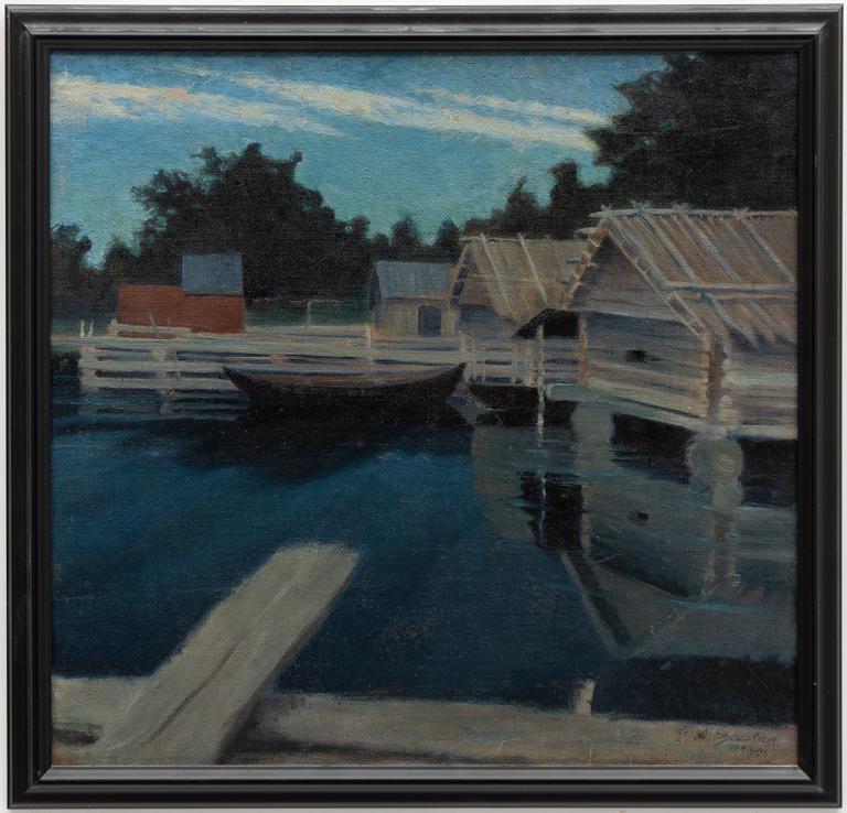 Gustaf Fjaestad, Twilight by the Boathouses.