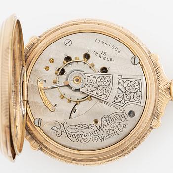 American Waltham Watch Co, fickur, savonett, 14K guld, med kedja, 53,5 mm.