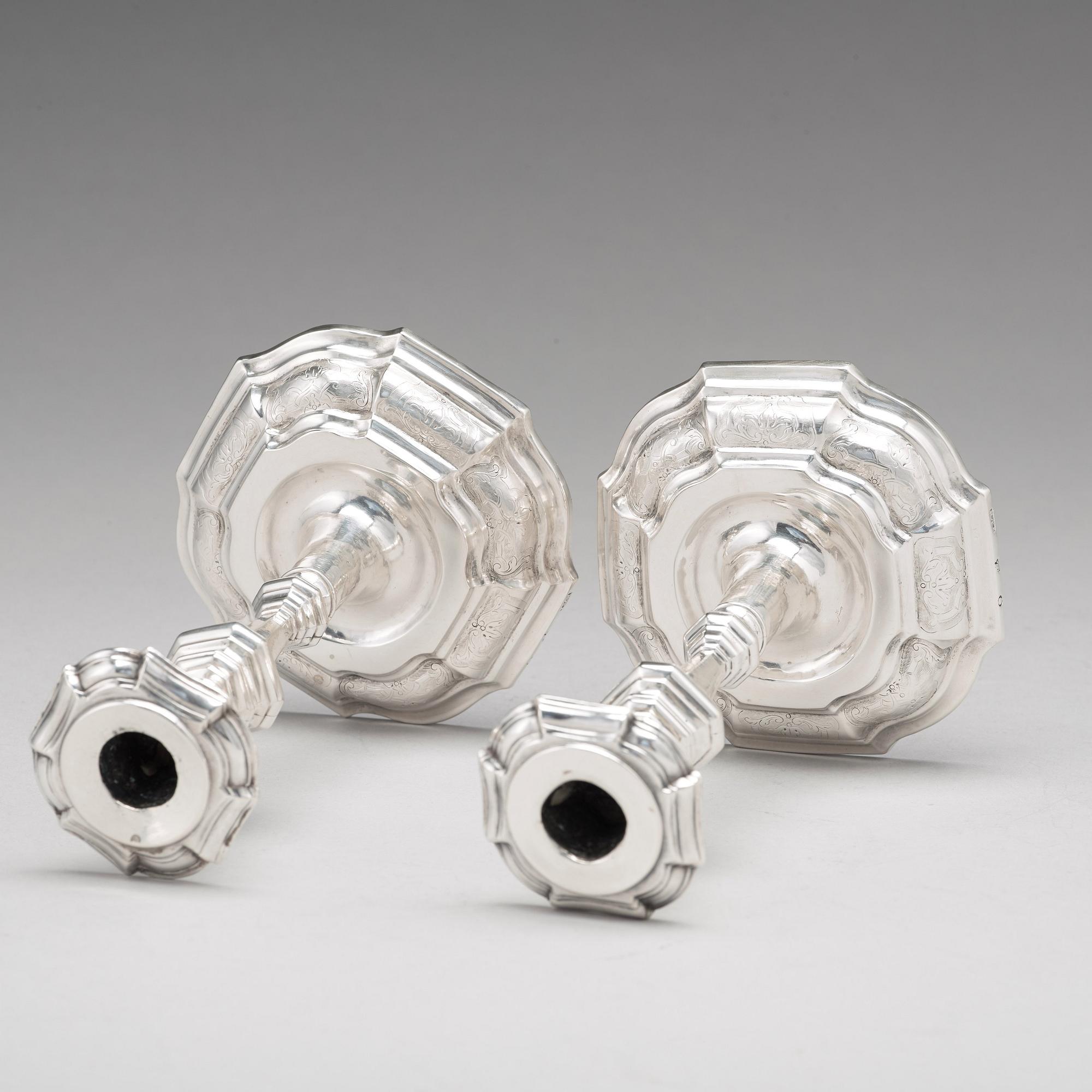 A pair of Swedish 18th century silver candlesticks, mark of Lucas von der Hagen, Stockholm 1728.