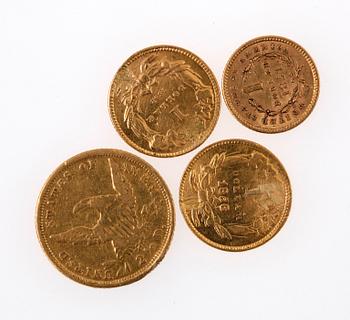 GULDMYNT, 4 st, USA, 1839-1862. Totalvikt 9 gram.