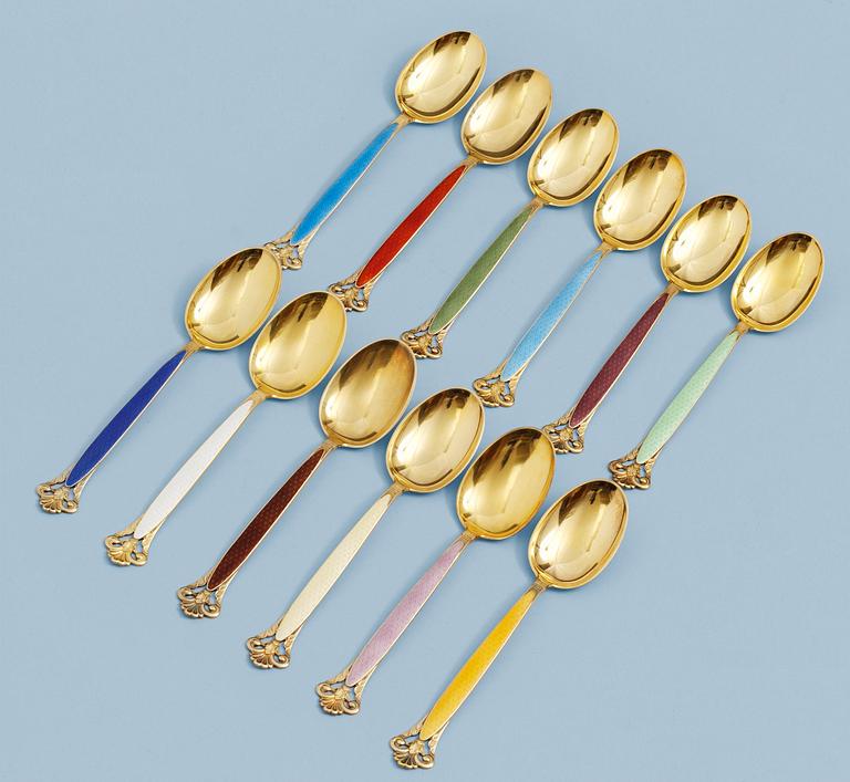 A Th. Marthinsen set of gilt sterling and enamel dessert spoons, 12 pieces, Norway ca 1950.