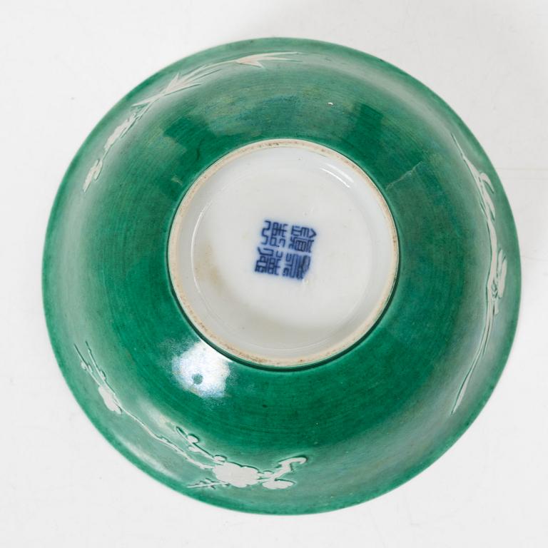 A Chinese green glazed 'three friends of winter' bowl, Republic, 20th century.