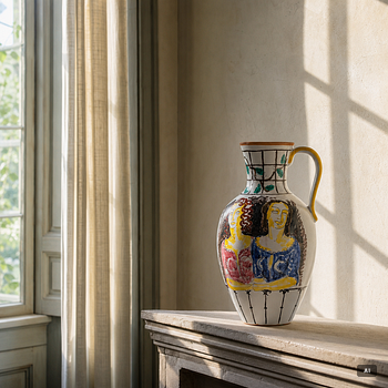 Wilhelm Kåge, a faience vase with handle, Gustavsberg Studio, Sweden, 1942.