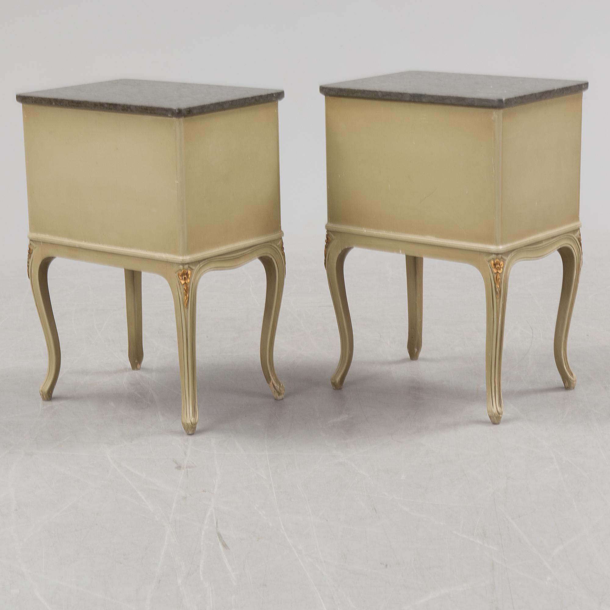 A mid 20th century Rococo style dressing table, a pair of bedside tables and one stool.
