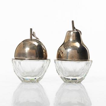 Skålar med lock, 2 st, glas och silver, 1900-tal.