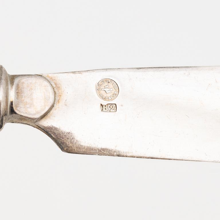 Fiskbestick i originalschatull, 24 delar, nysilver/alpacca, AG Dufva, Stockholm, tidigt 1900-tal.