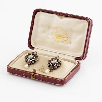 Earrings, two pairs, silver, enamel, pearls, glass stones.