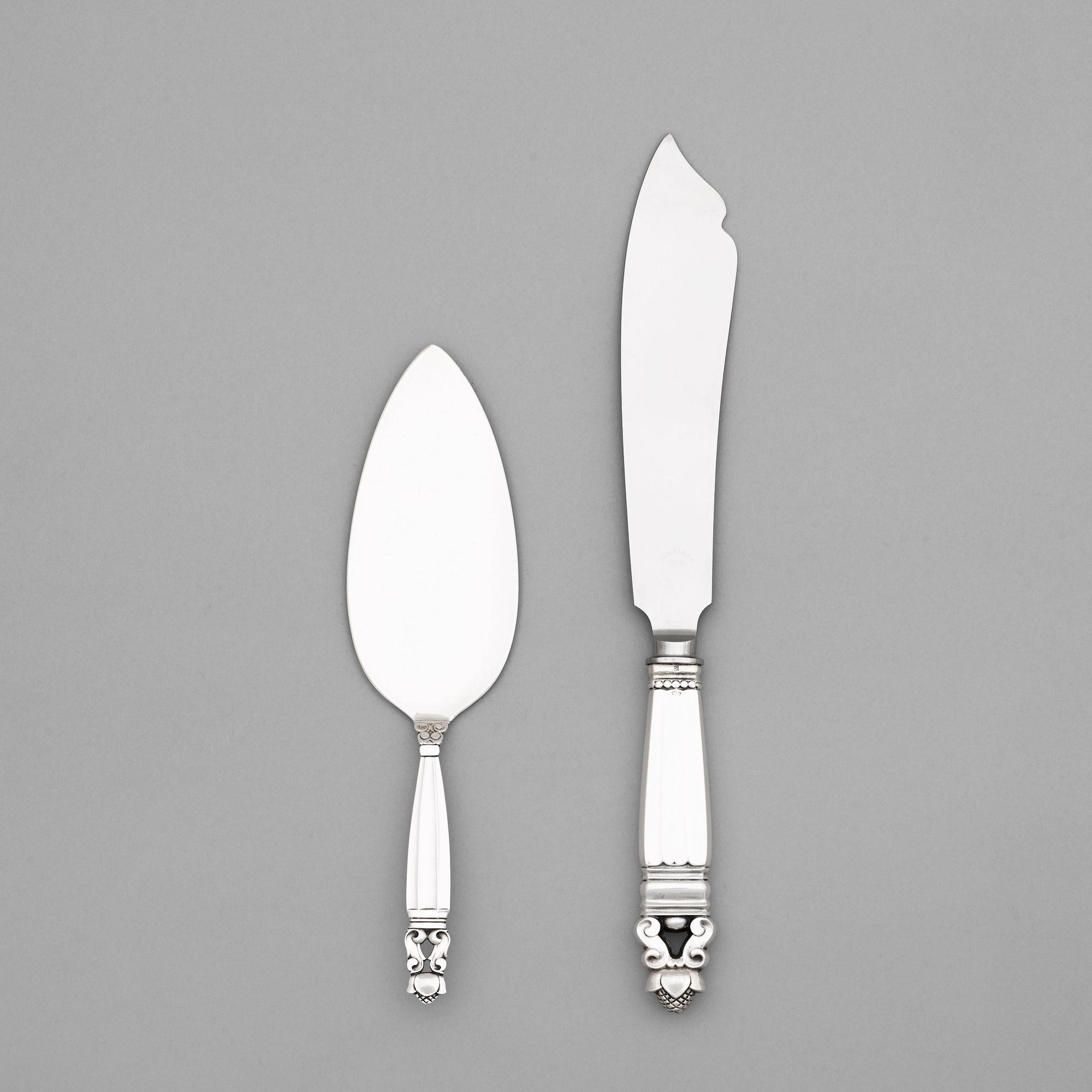 A Johan Rohde 'Acorn' cake knife and server, Copenhagen 1933-44, sterling.
