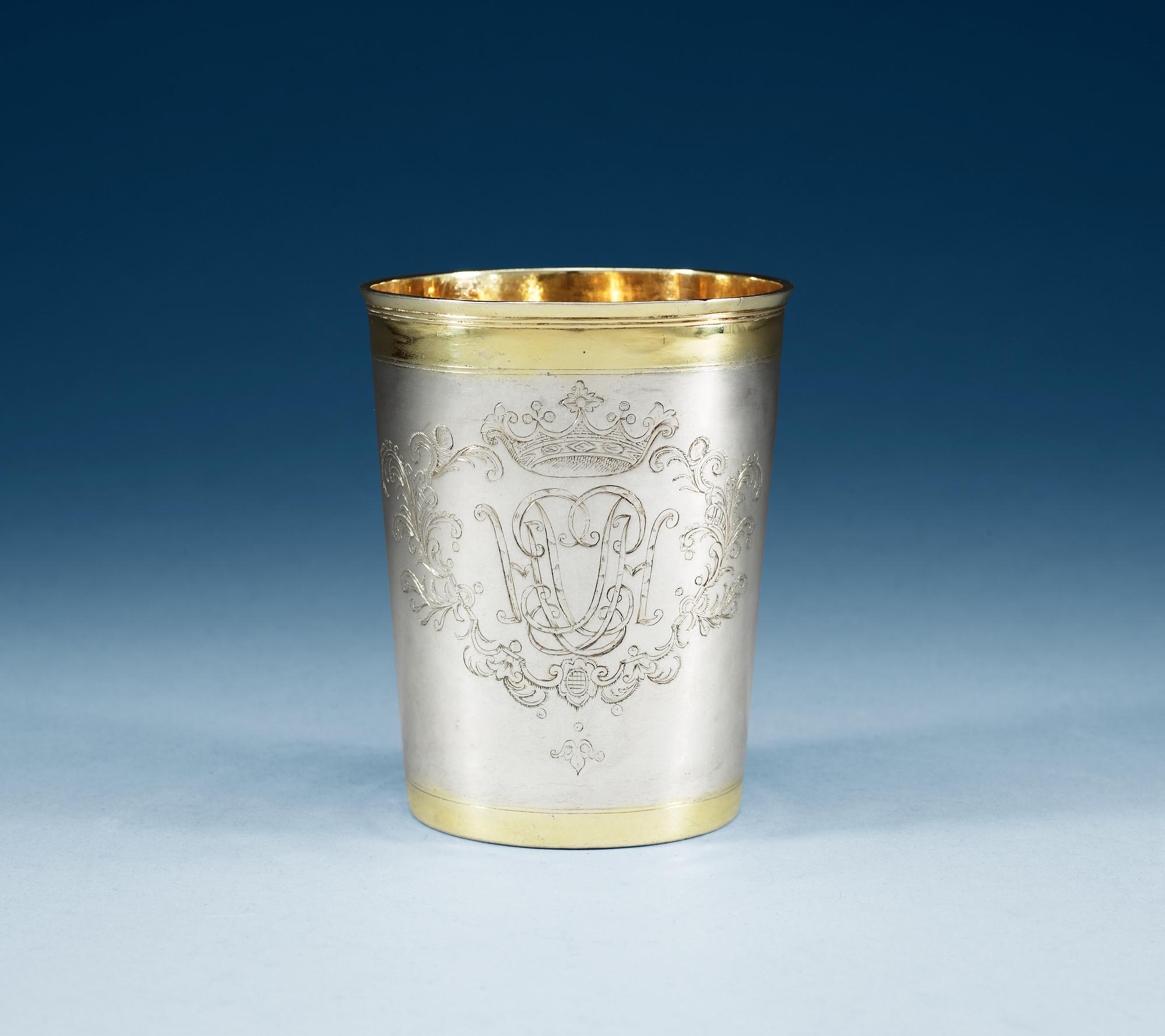 A Russian 18th century parcel-gilt beaker, unidentified makers mark, Moscow 1730.