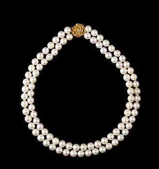 A two strand cultured pearl necklace.