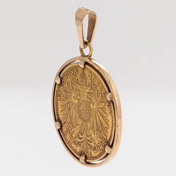 A ca 21K (.900) and 14K gold coin pendant, Franz Joseph I, Austria-Hungary, 1895. 20 Corona.