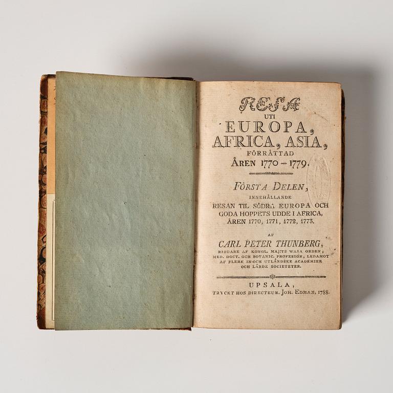 Two books by Carl Peter Thunberg, 'Resa uti Europa, Africa, Asia förrättad åren 1770-1779', part 1-4.