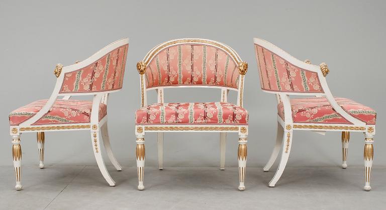 KARMSTOLAR, 3 st, s.k. baljfåtöljer, gustaviansk stil, AB Gustaf Flinta, Hedemora, 1927.