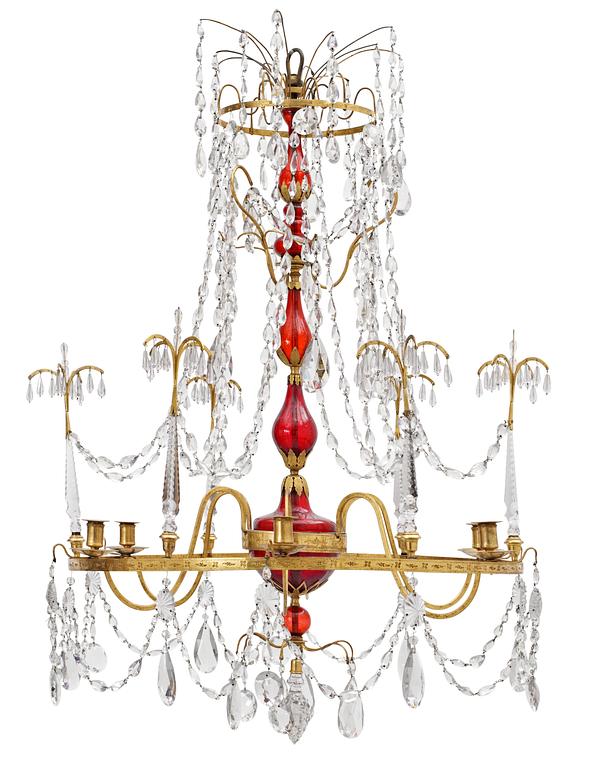 A six-light chandelier by Fischer, St Petersburg 1797. Signed "FECIT I A S FISCHER ST PETERSBURG 1797".