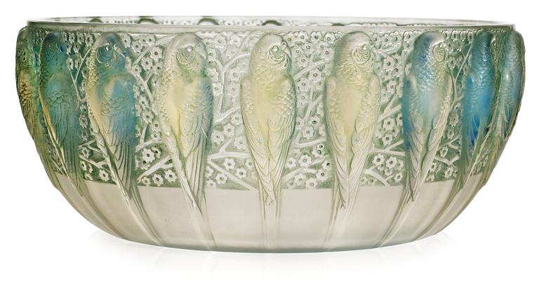 RENÉ LALIQUE, skål, "Perruches", Frankrike 1930-40-tal.