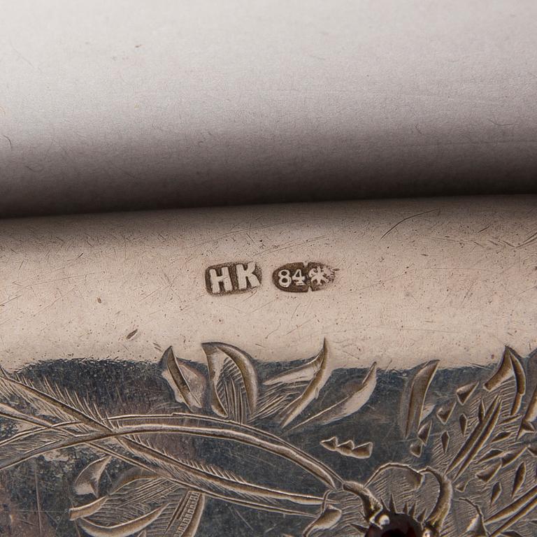 A silver case, Nikolai Kemper, and a pen and a paper knife in silver and enamel, import marks St Petersburg early 1900s.