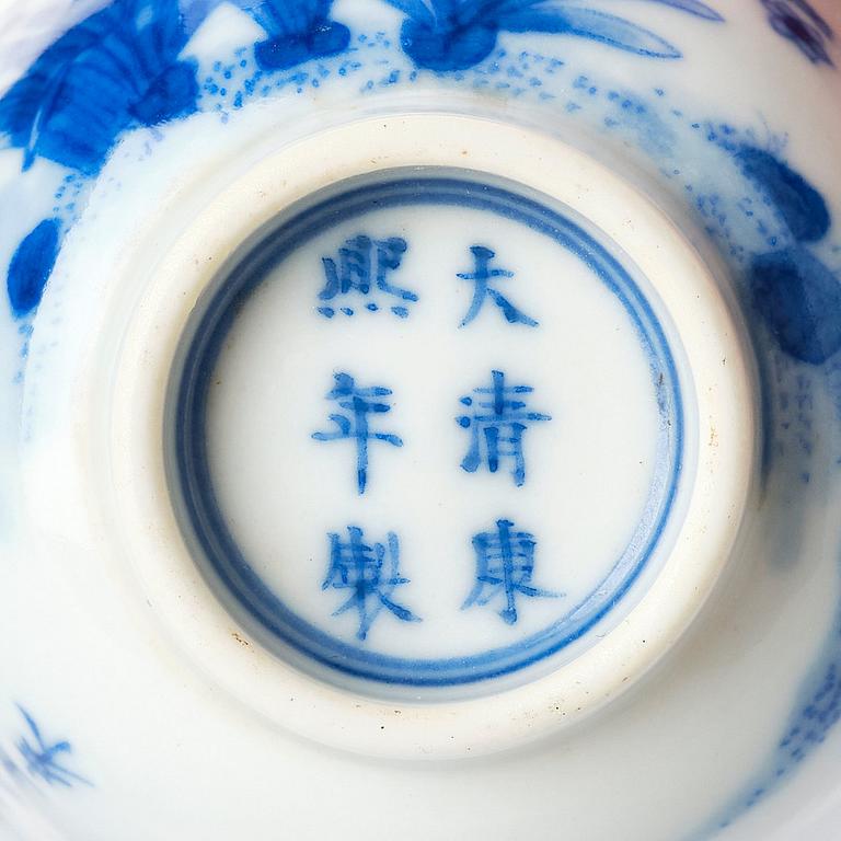 A blue and white month cup 'Narcissus', late Qing dynasty with Kangxi mark.