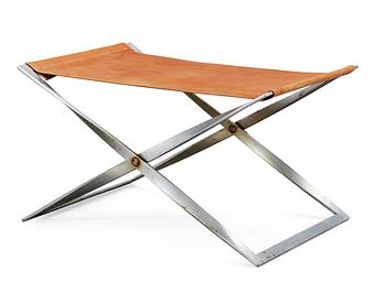 86. A Poul Kjaerholm 'PK-91' steel and brown leather stool, Fritz Hansen, Denmark.