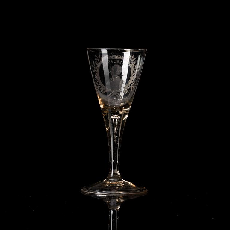 A commemorative glass beaker, 18th century.