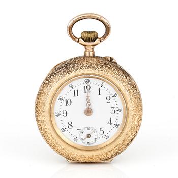 FICKUR OCH FICKURSSTÄLL, 18 k guld, omkring 1900. Tot vikt ca 34,6 gram.