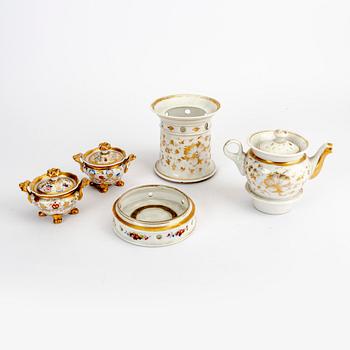 Teapot with heating stand and a couple of miniature tureens, mid-19th century.