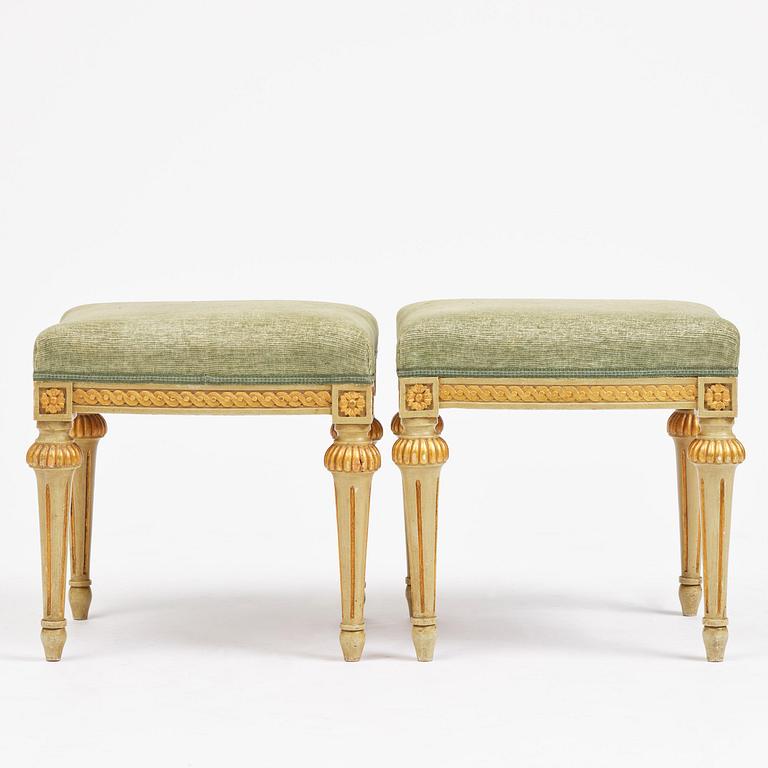 A pair of stools in the manner of Erik Öhrmark (master in Stockholm 1777–1813), Gustavian.