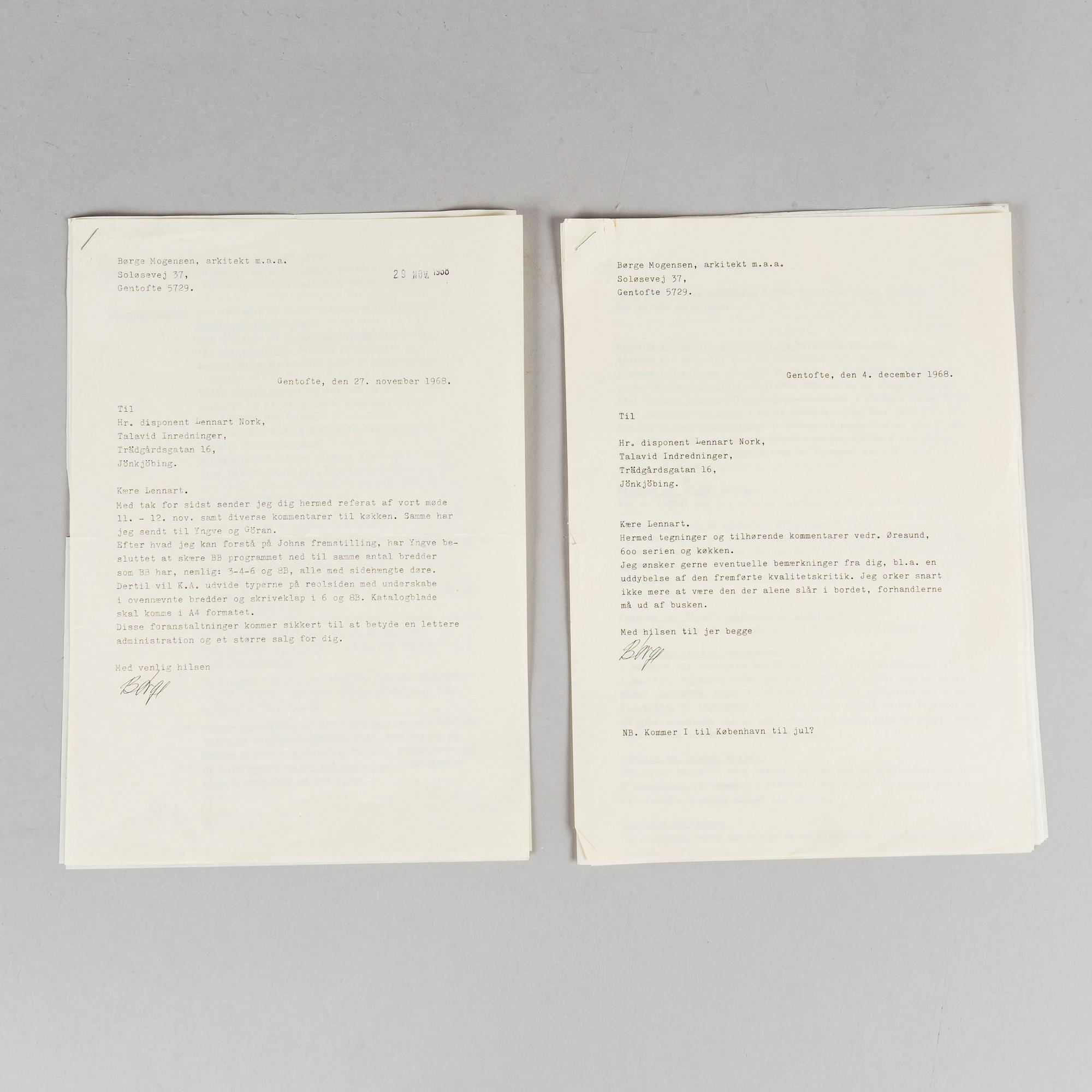 A collection of photos, drawings and correspondence related to interior designs by Børge Mogensen.
