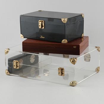 HUMIDORER, 3 st, plexiglas samt trä, Zino samt Brebbia, 1900-tal.