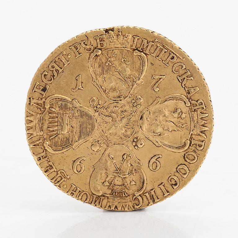 Kultaraha, Katariina II, 10 ruplaa, Venäjä 1766.