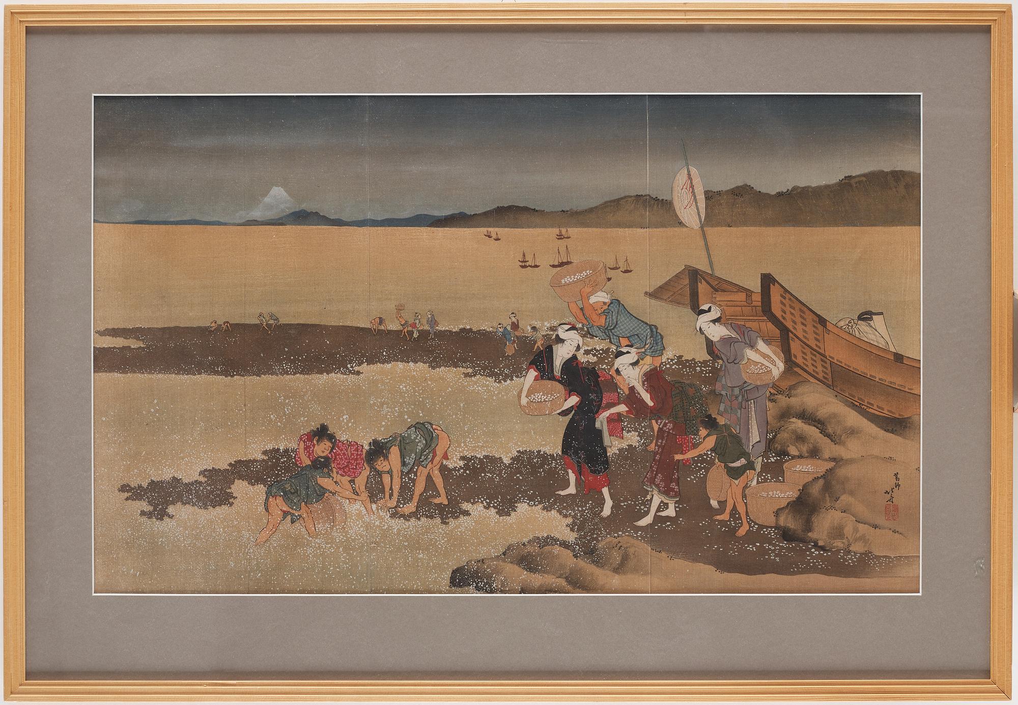 KATSUSHIKA HOKUSAI (1760–1849), efter, färgträsnitt på textil. Japan, "Shell Gathering", 1900-tal.