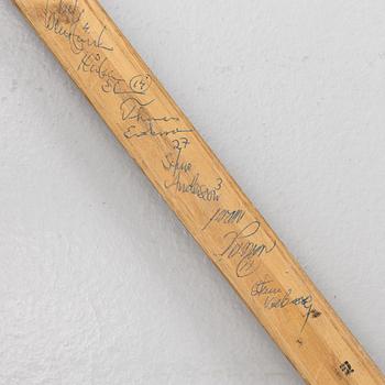 Pelle Lindberg's goaltender stick with autographs.