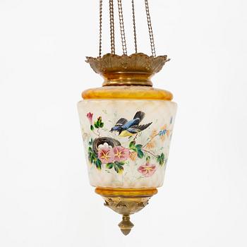 An art noveau glass and brass ceiling lamp from around the year 1900.