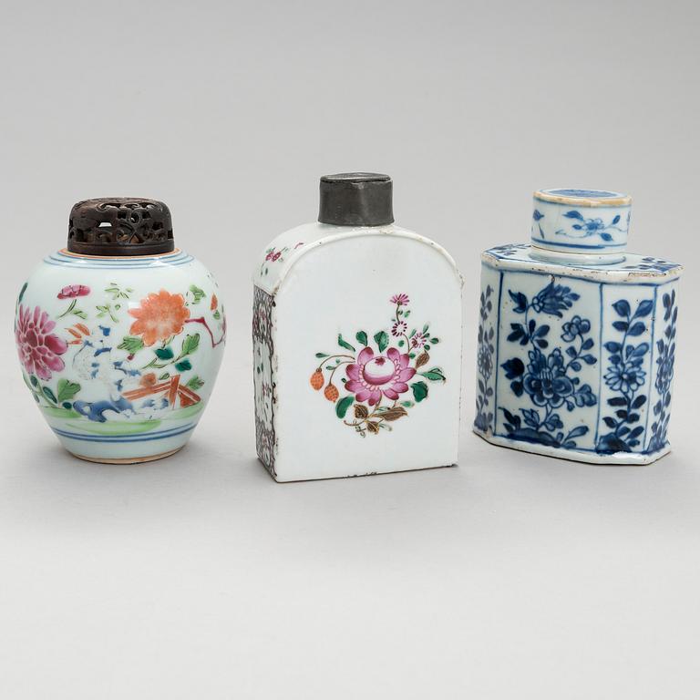 Two Chinese 18th-Century porcelain tea caddies and a jar and a 19th-Century snuff bottle.