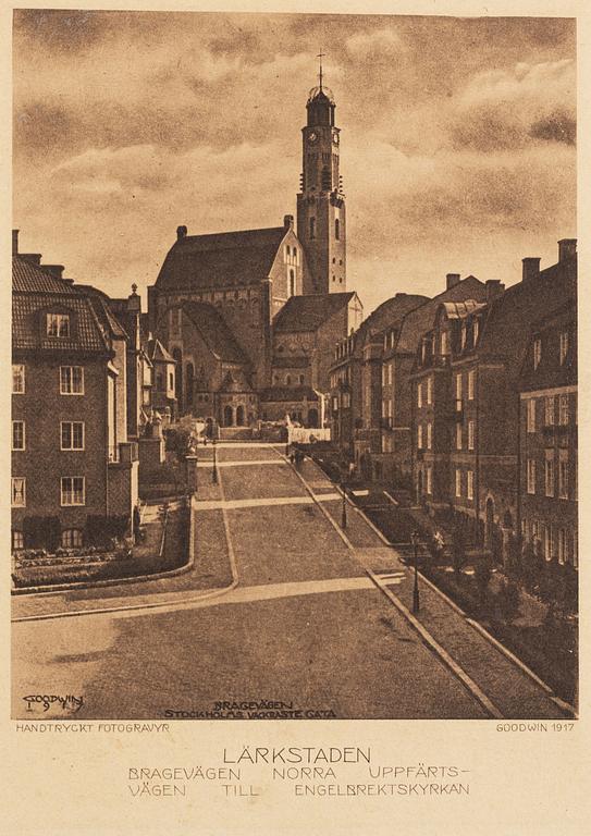 Henry B. Goodwin, tre fotogravyrer, Vårt vackra Stockholm sign i negativet. Bragevägen, Floras kulle, Engelbrektskyrkan.