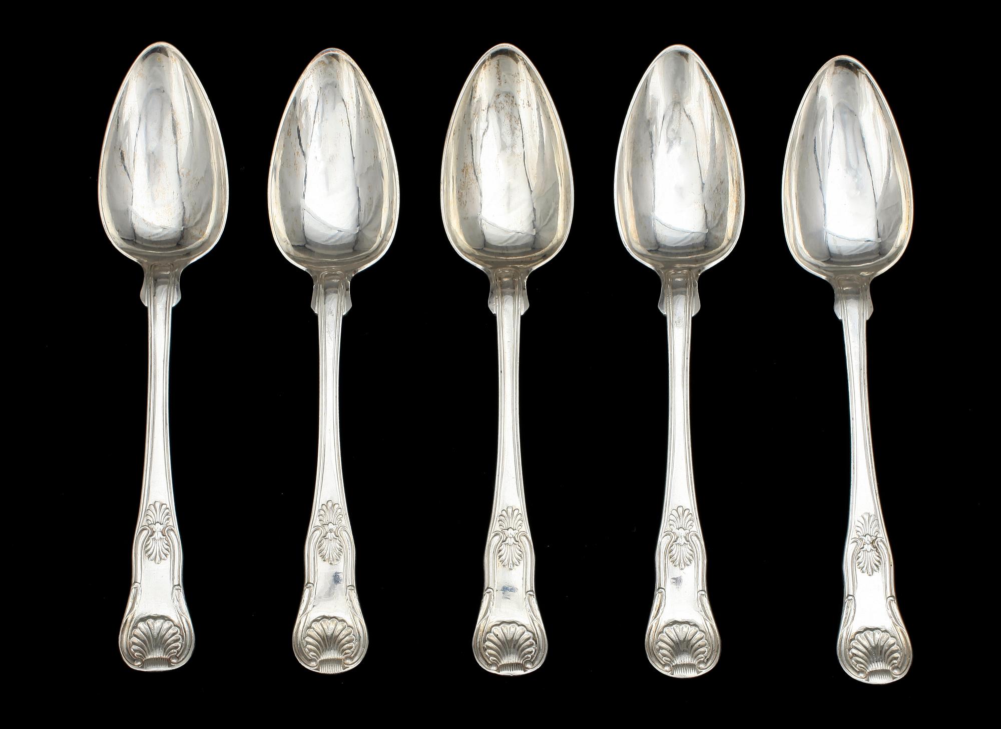SKEDAR, 5 st, silver, "Engelsk snäck", A. Lundqvist, Stockholm 1835. Totalvikt 418 g.