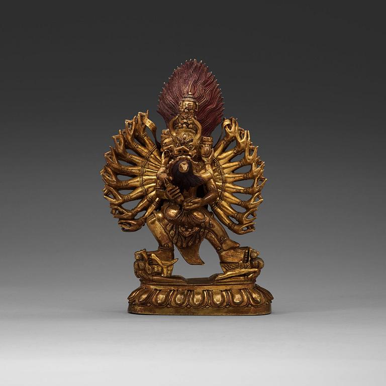 A bronze figure of Yamantaka Vajrabhairava and consort, Tibeto-Chinese, circa 1900.