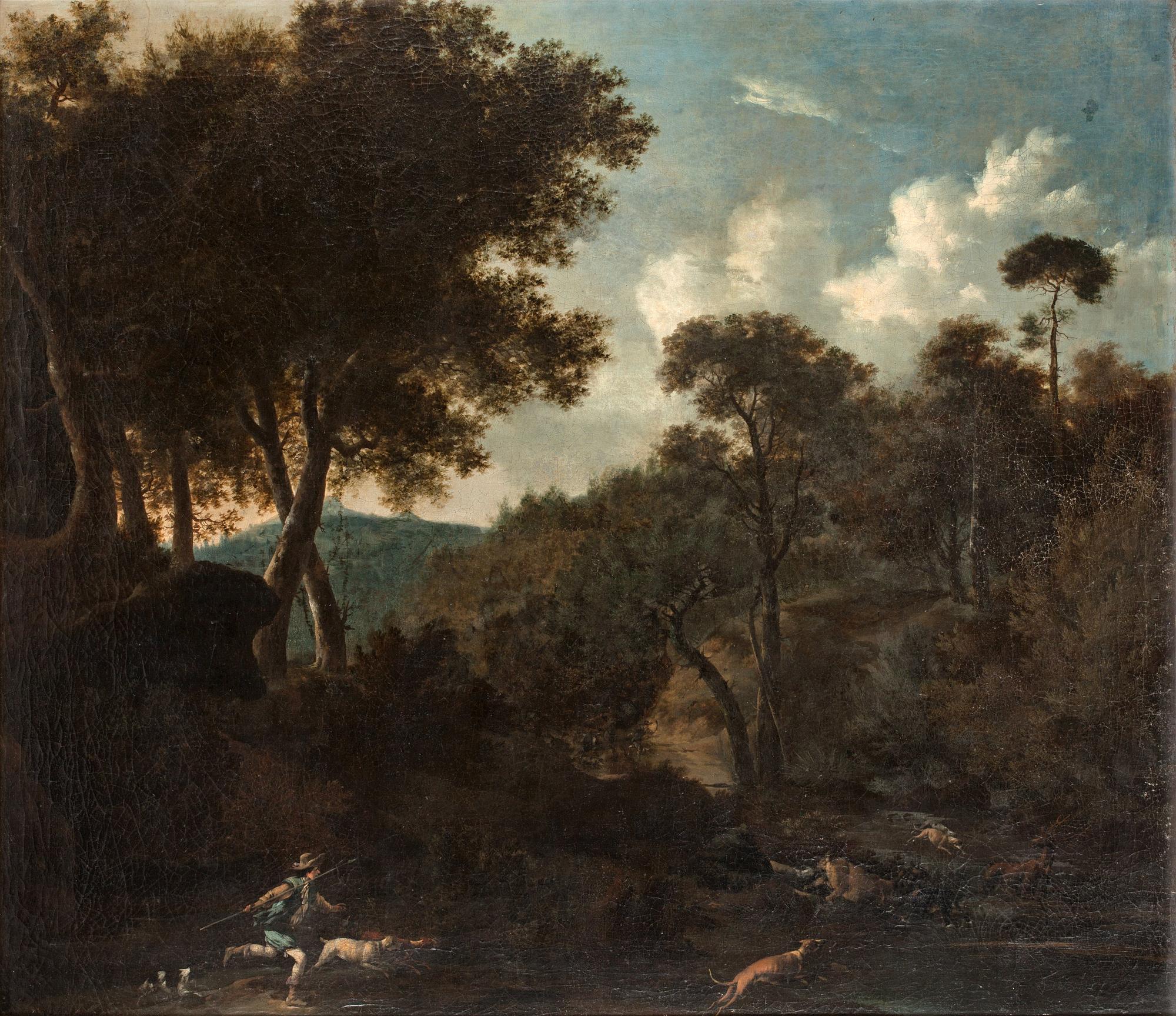 Frederic de Moucheron Attributed to, Landscape with hunters, dogs and deers.