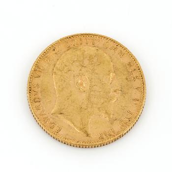 GULDMYNT, sovereign, Edward VII, Storbritannien, 1905. Vikt ca 8 gram.