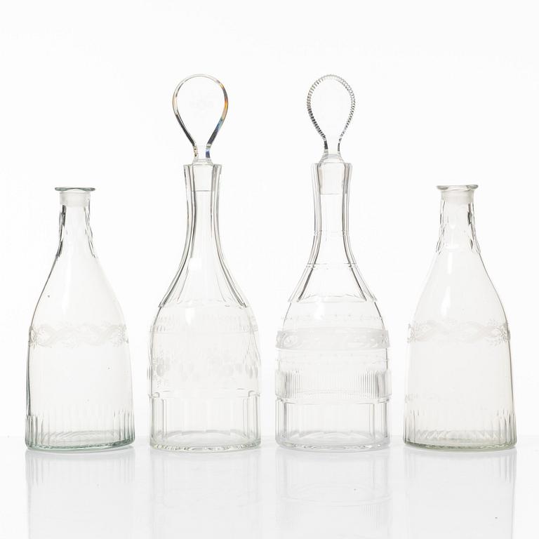 Four glass decanters, Gustavian, Sweden, late 18th century and first half of the 19th century.