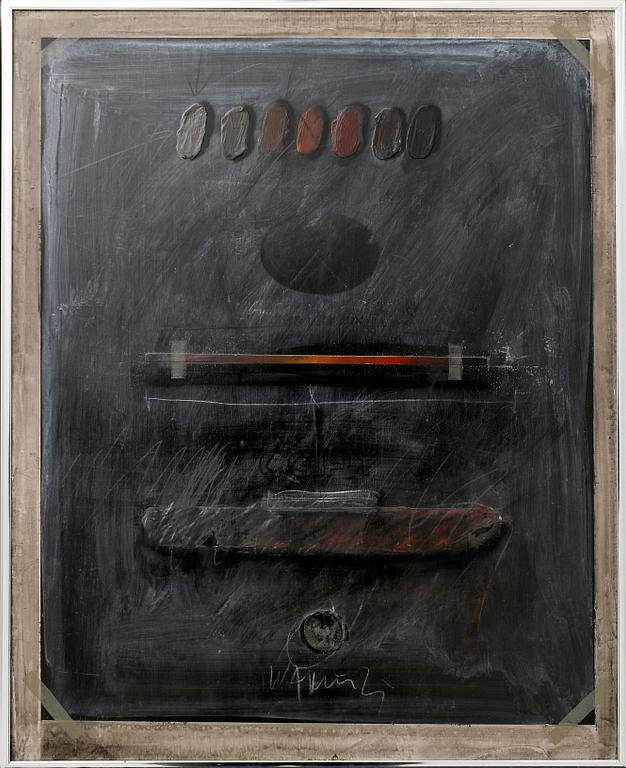 Jörgen Waring, blandteknik/collage på pannå, signerad.