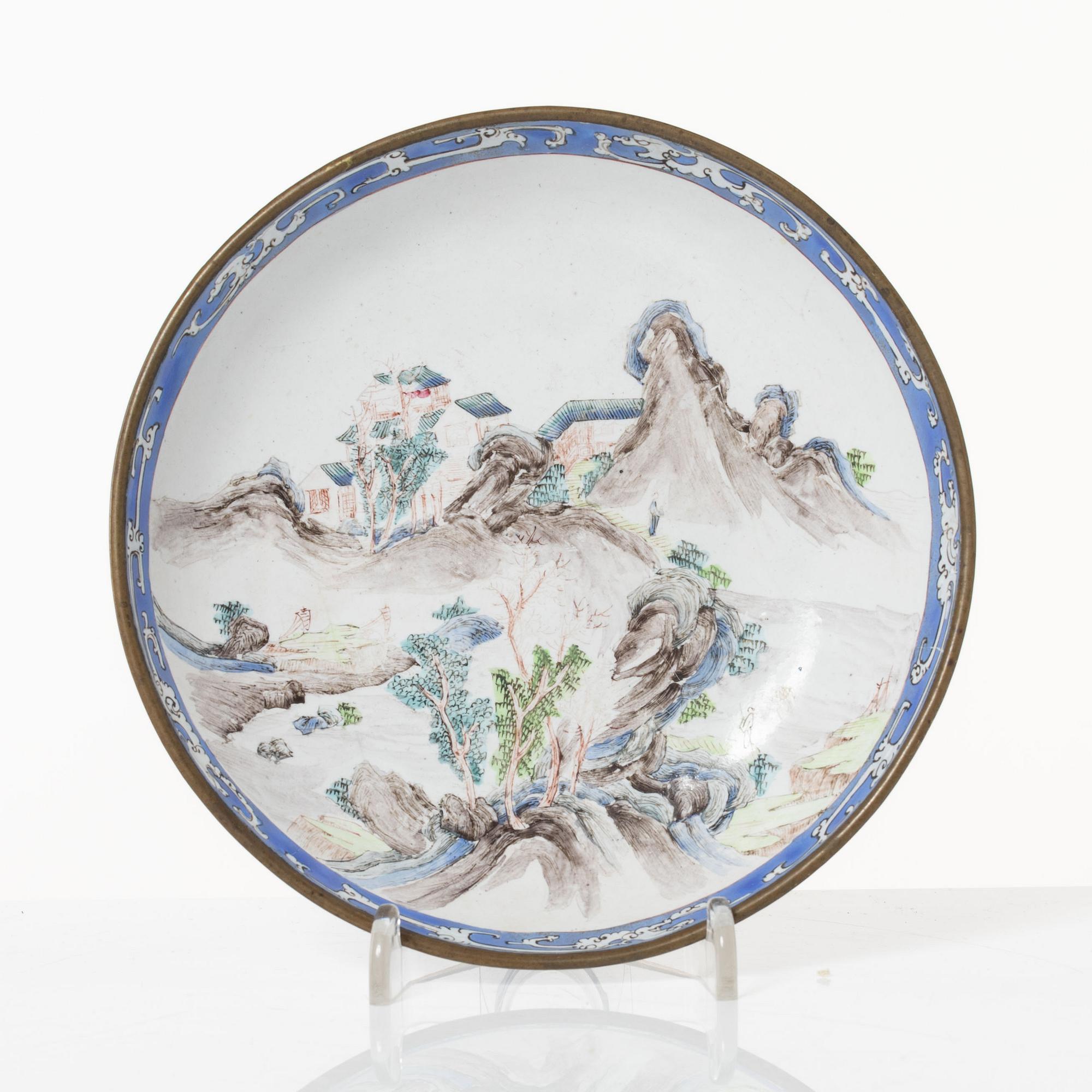 A fine Canton enamel 'landscape' dish, Qing dynasty, 18th Century.