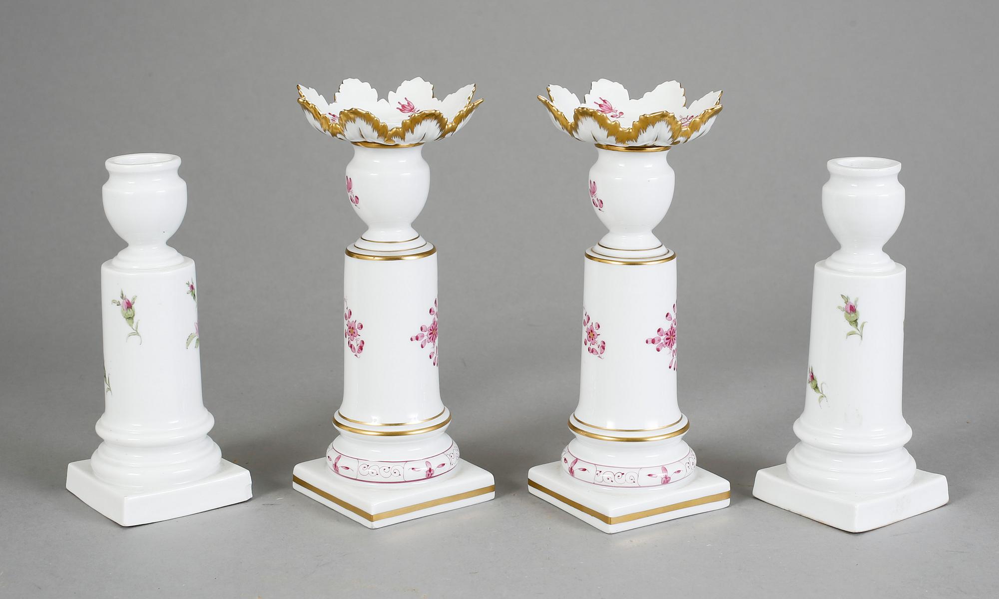 LJUSSTAKAR, två par varav ett par med ljusmanschetter. Meissen, 1900-tal.