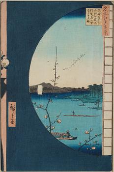 UTAGAWA HIROSHIGE (1797-1858), efter, färgträsnitt. Japan, från "Susaki Hen-yori Suijin no Mori, Uchikawa" 1800-tal.