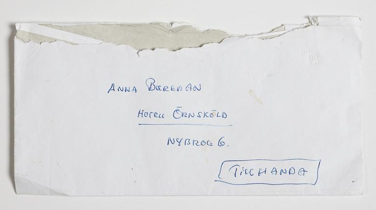 LETTER from Ingmar Bergman to his daughter Anna in Stockholm, dated Karlaplan 10, 19.2.(19)99. Envelope enclosed.