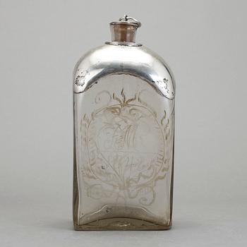 BRÄNNVINSFLASKA, glas och silver, märkt 184(8)?.
