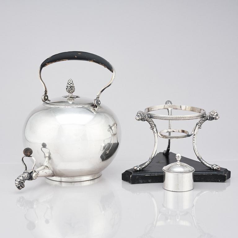 A Swedish 19th century silver tea-urn with stand and burner, mark of Gustaf Möllenborg, Stockholm 1826.