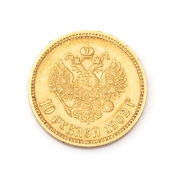 A RUSSIAN 10 RUBEL GOLD COIN, Nikolai II, 1902. Ca 5 grams.