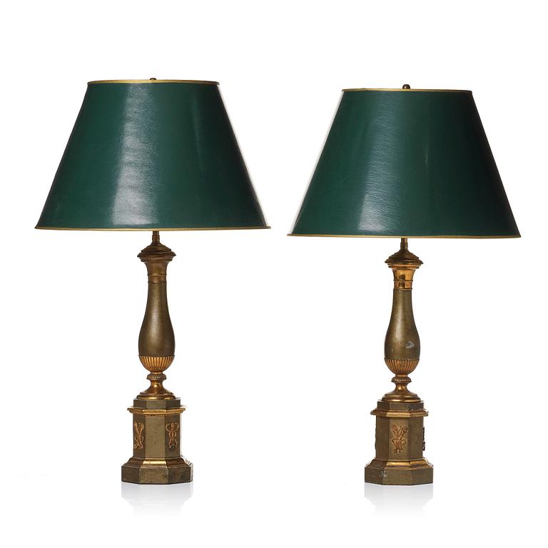 A pair of presumably French tole and brass table lamps, mid 19th century.